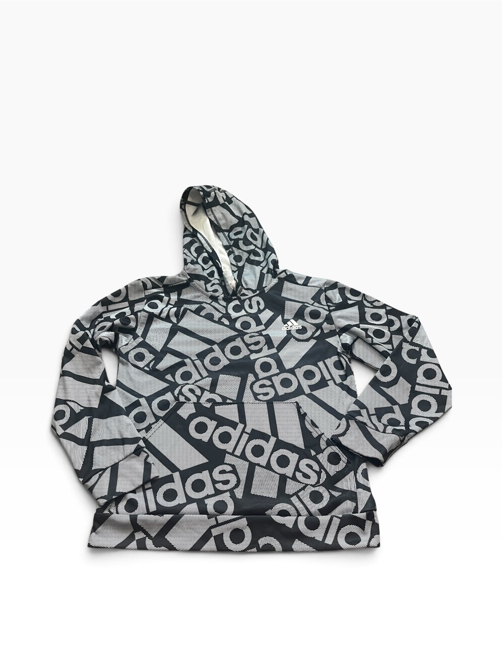 adidas Youth Black Gray Logo Print Hoodie Sweater Fleece Lined Size Large